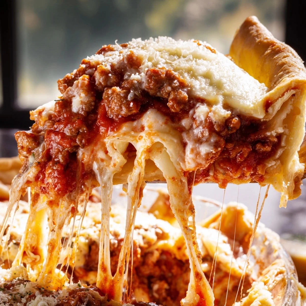 Crusty baked cheesy lasagna pie showcasing rich meat sauce and melted cheese filling