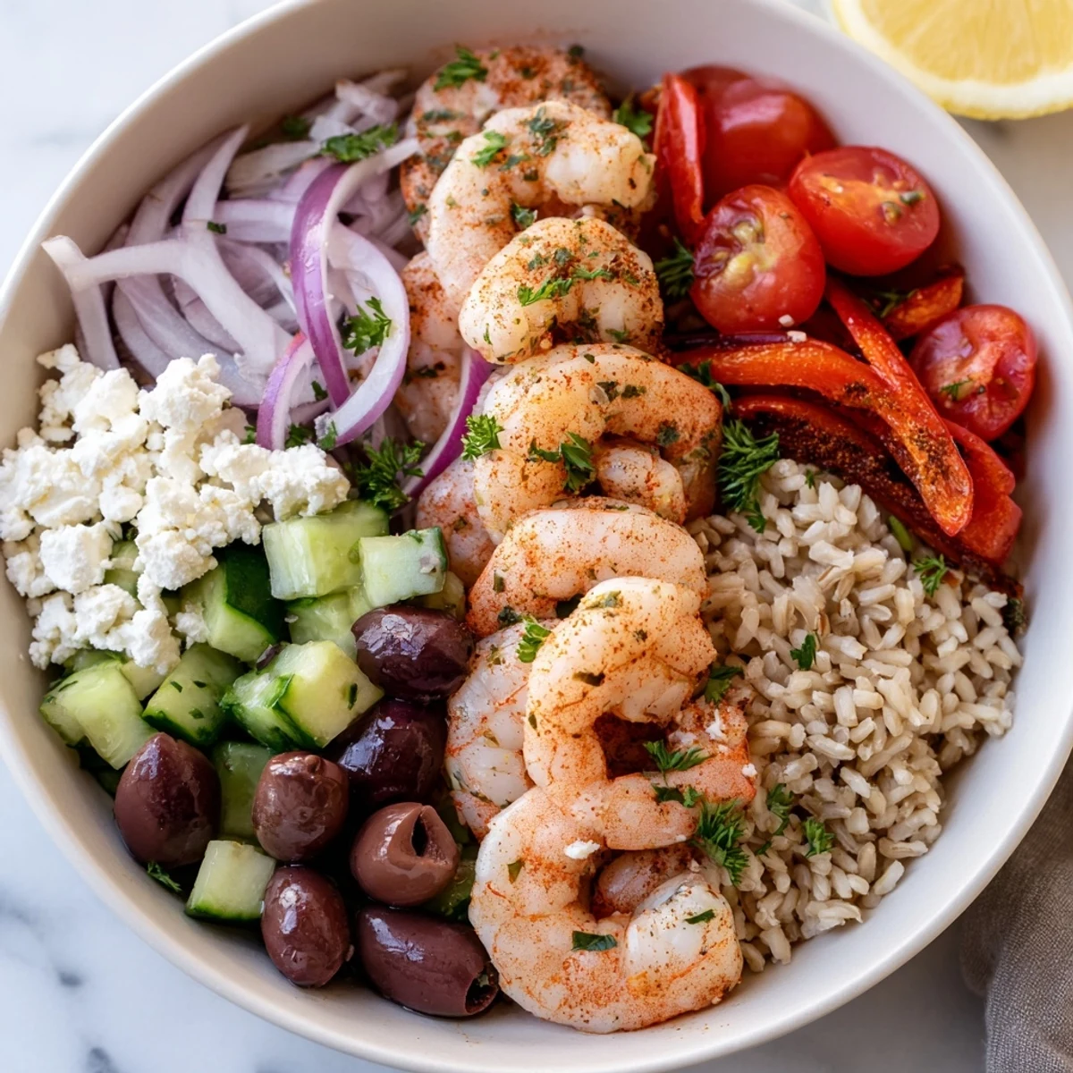 Juicy Greek Shrimp Mediterranean Bowl loaded with colorful veggies and crumbled feta cheese