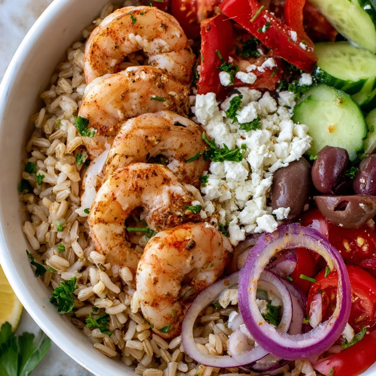 Golden seared shrimp over a bright Greek Shrimp Mediterranean Bowl with lemon herb dressing
