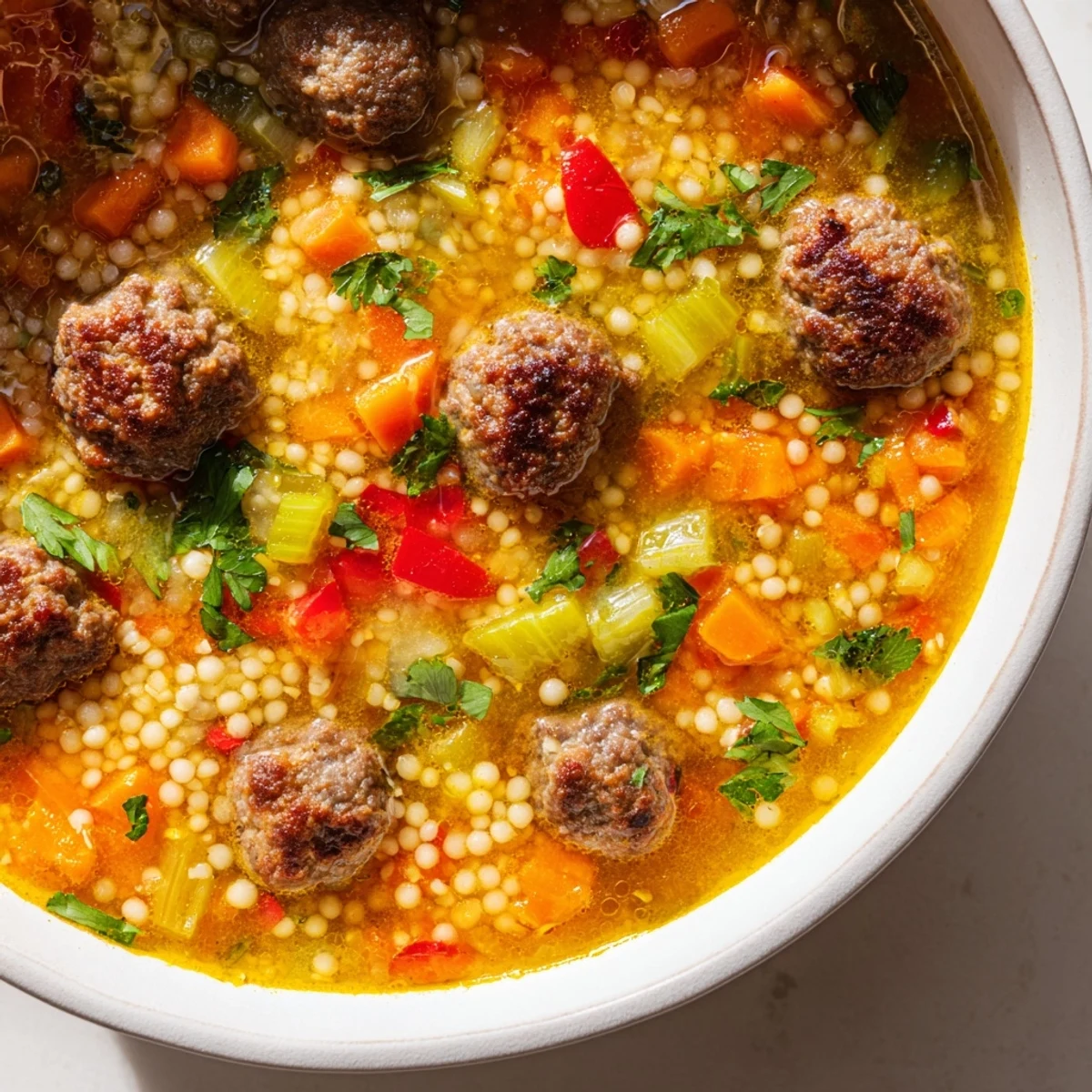 Golden mini Moroccan meatball couscous soup with spiced meatballs and tender vegetables in a steaming bowl
