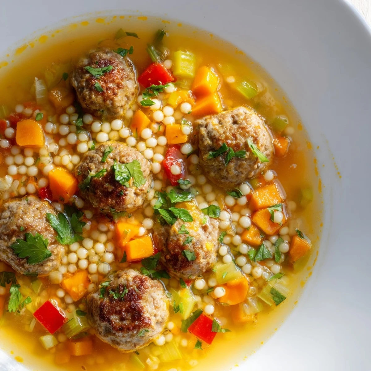 Steaming mini Moroccan meatball couscous soup topped with fresh herbs and bright lemon