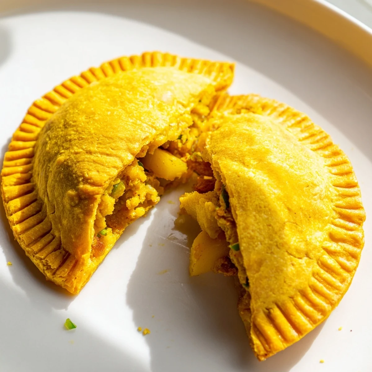 Crispy half-moon Jamaican curry chicken patties filled with spiced aromatic filling