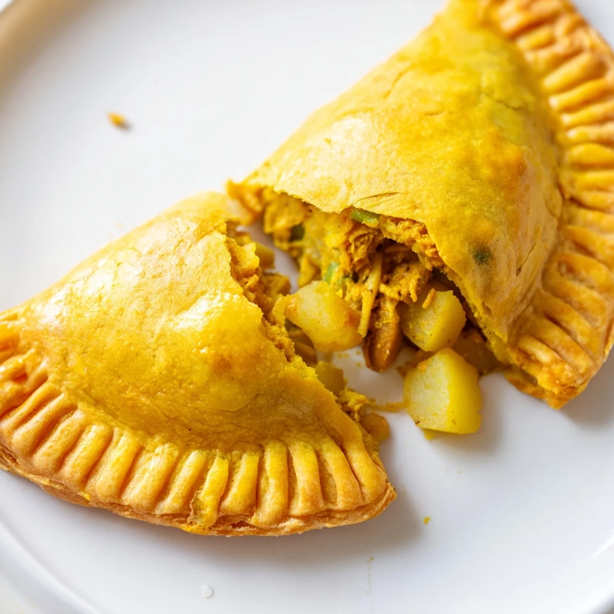 Steaming Jamaican curry chicken patties on parchment showing golden layered pastry