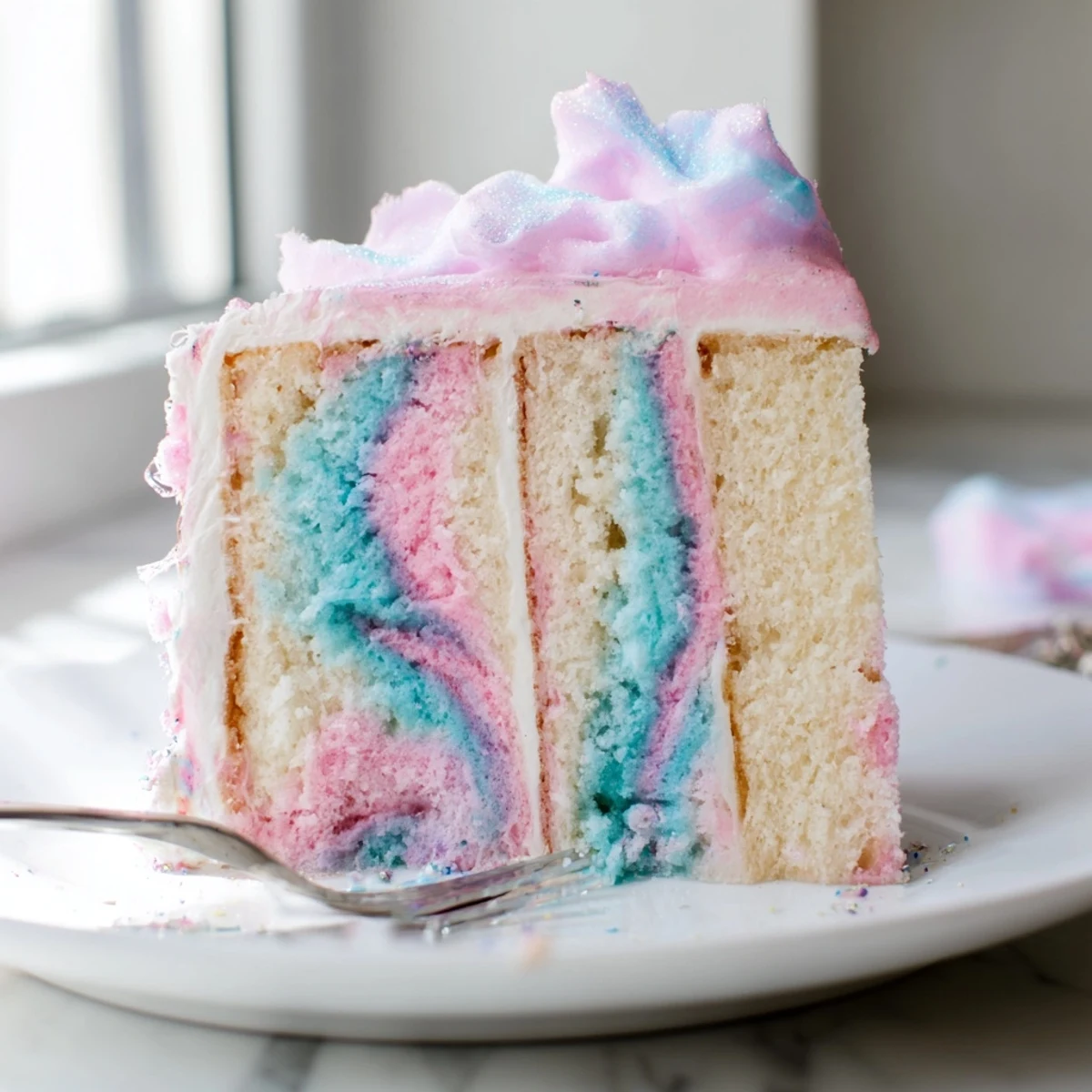 Cotton candy cake layered with creamy swirled frosting topped with spun sugar