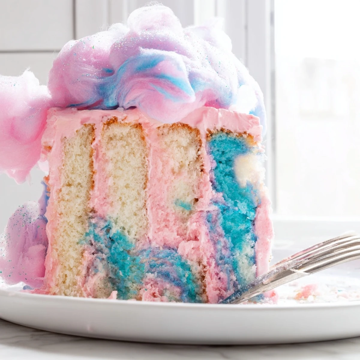 Fluffy cotton candy cake with pastel pink and blue swirled buttercream frosting