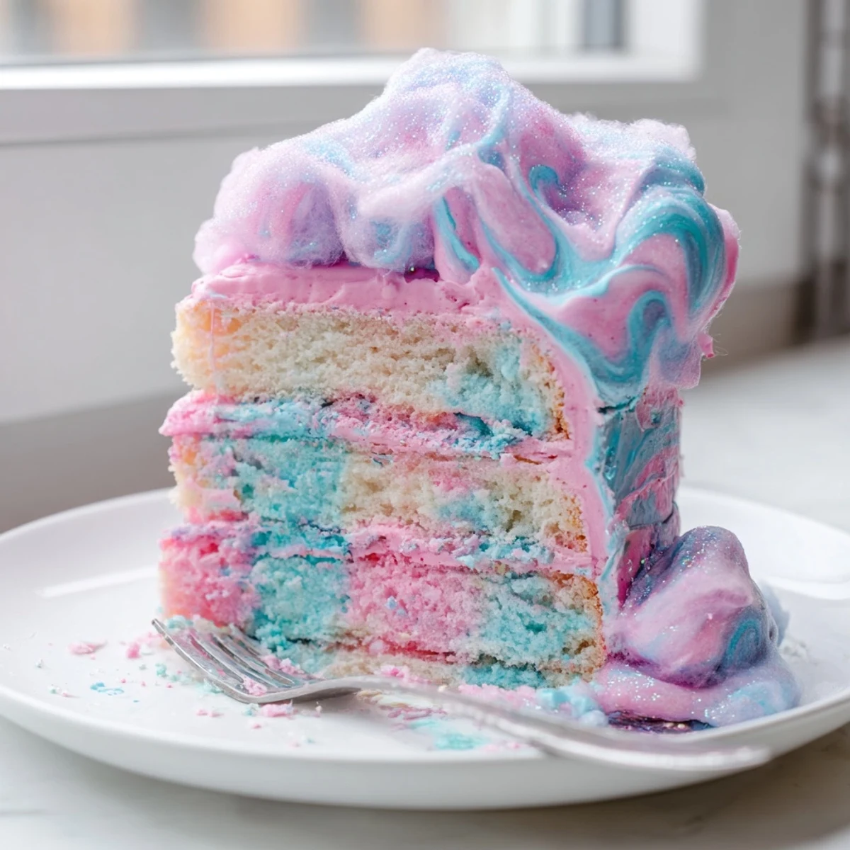 Marbled cotton candy cake sliced tall showcasing vibrant pink and blue layers
