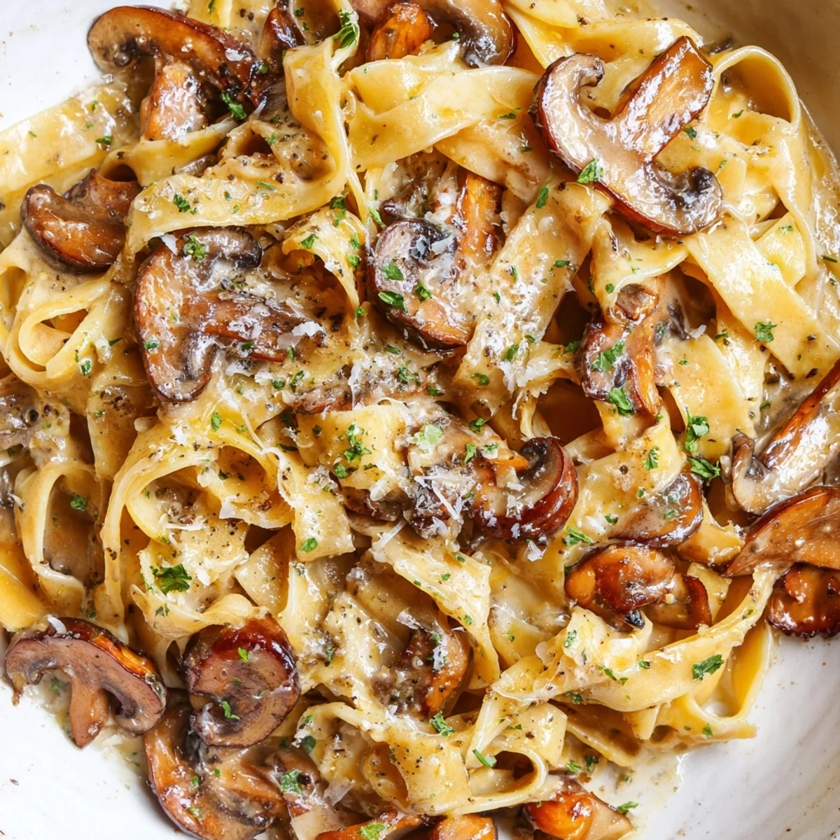 Creamy brown butter mushroom pasta topped with fresh parsley and grated parmesan cheese