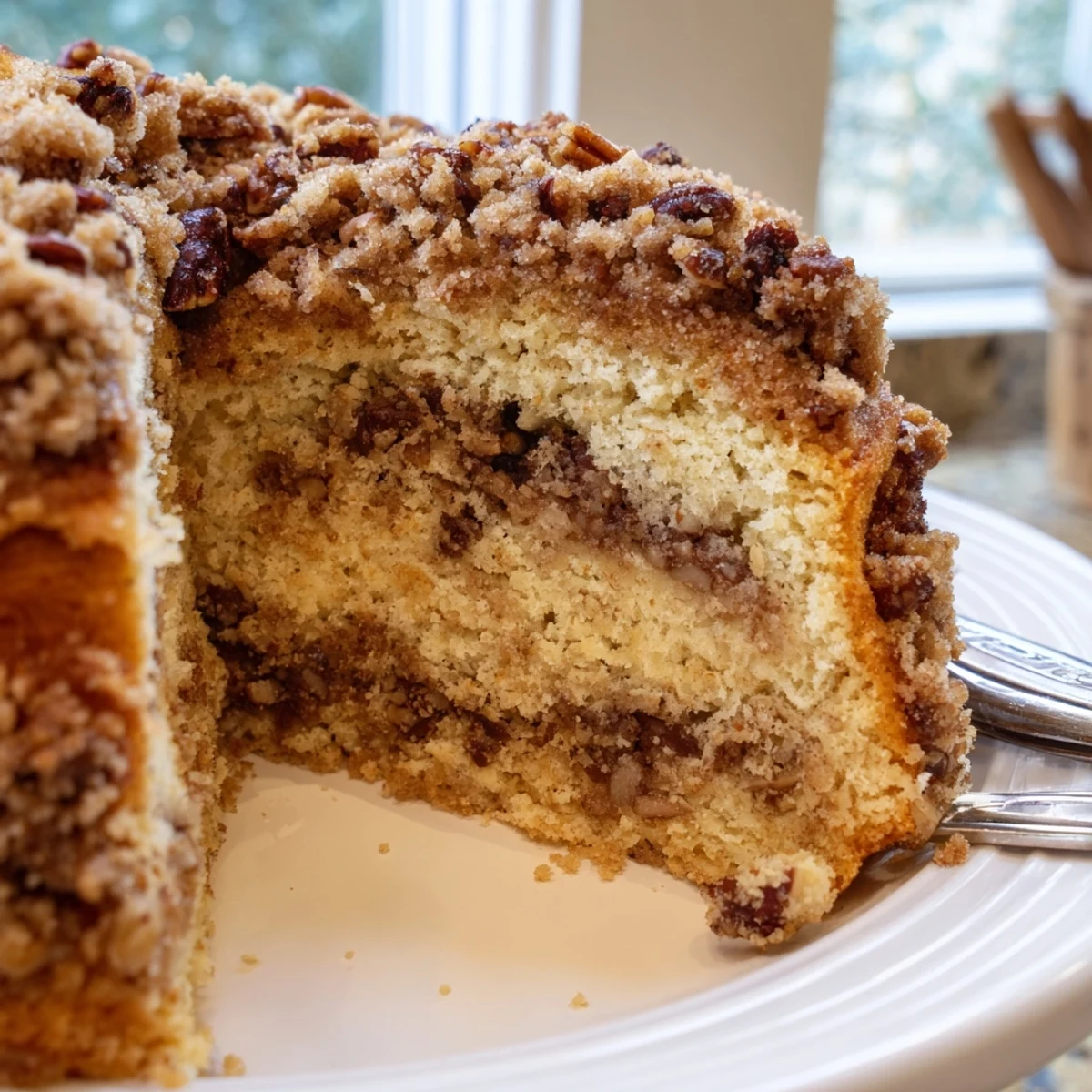 Warm slice of Cinnamon Pecan Crunch Coffee Cake topped with a golden, sugary pecan crumb topping