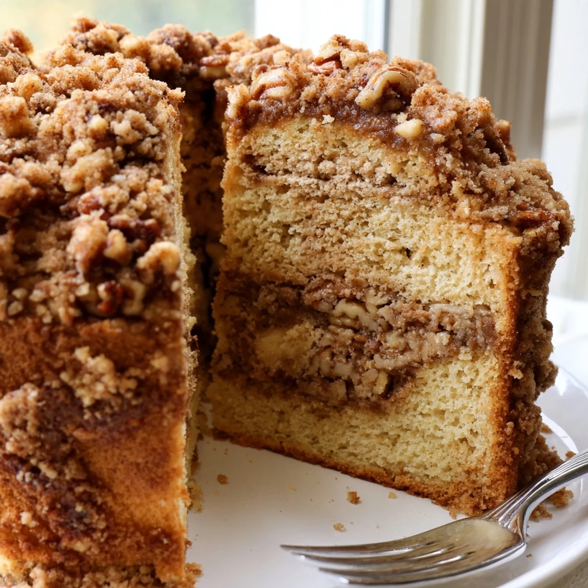 Cinnamon Pecan Crunch Coffee Cake pulled fresh from the oven with a crackly spiced pecan streusel