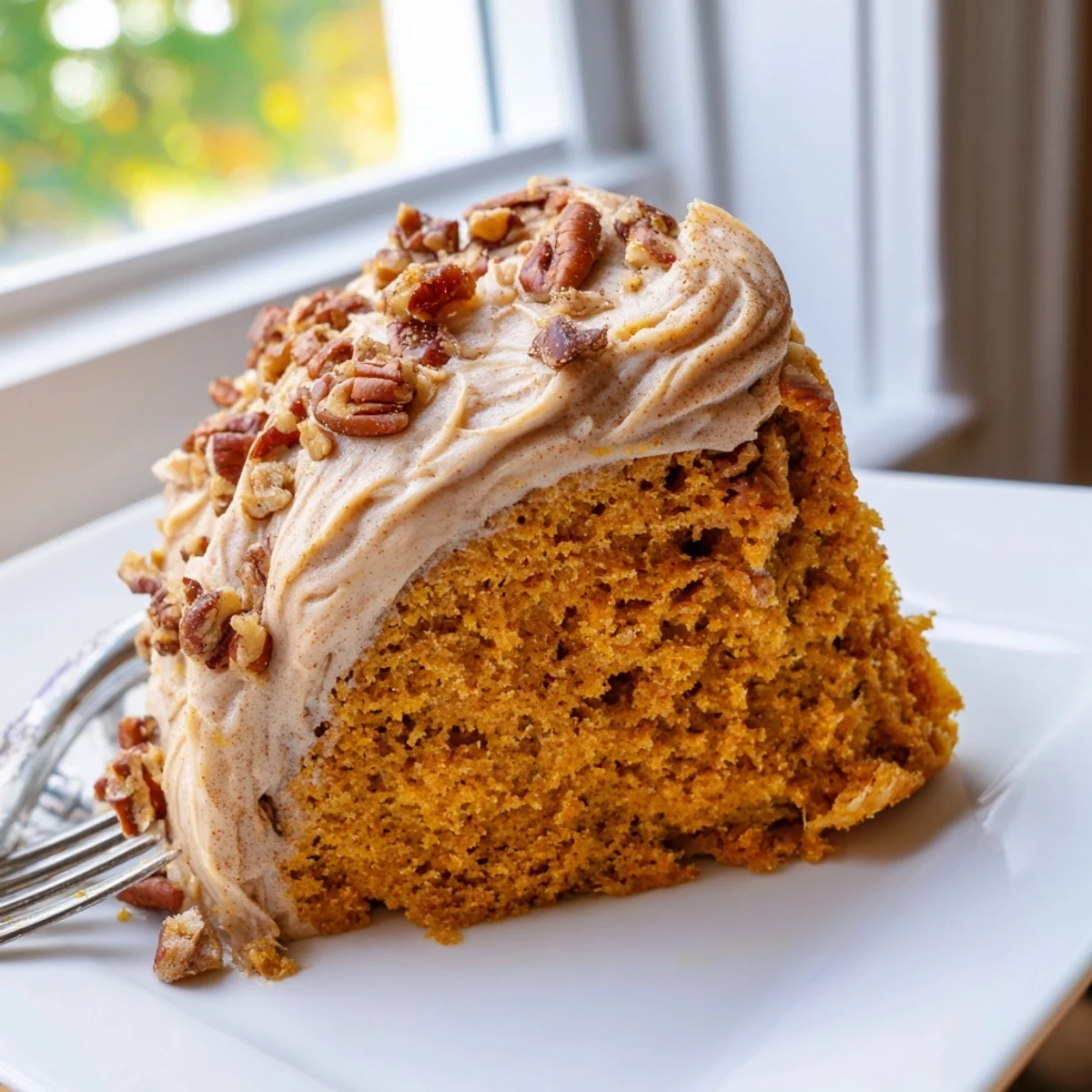 Sliced pumpkin pecan cake with thick cinnamon cream cheese icing on a rustic plate