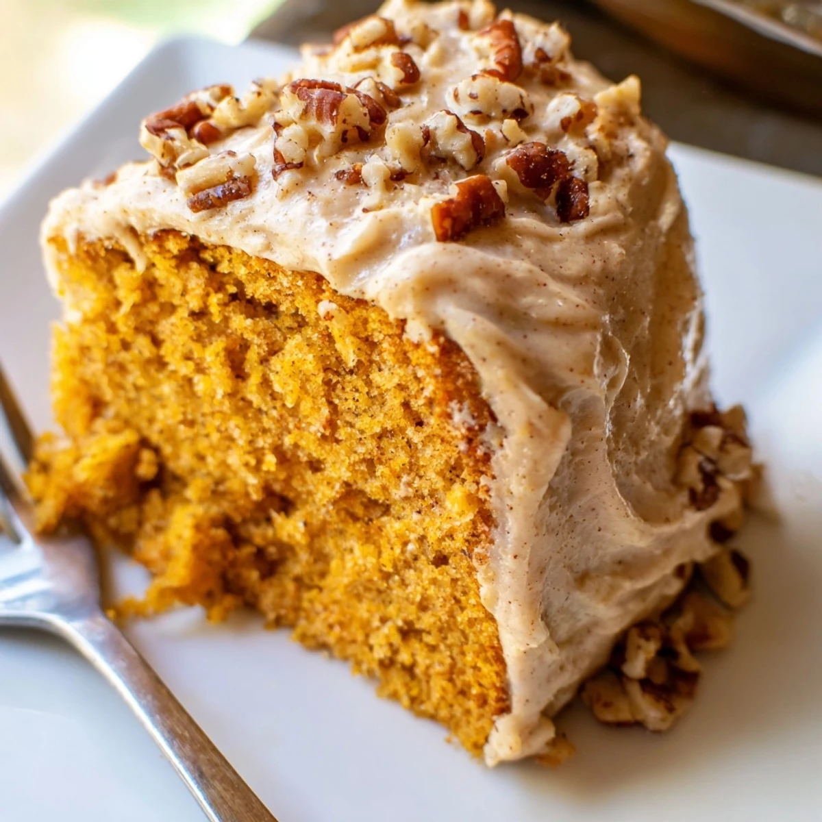 Moist pumpkin pecan cake layered with swirled cinnamon cream cheese icing ready for a fall gathering