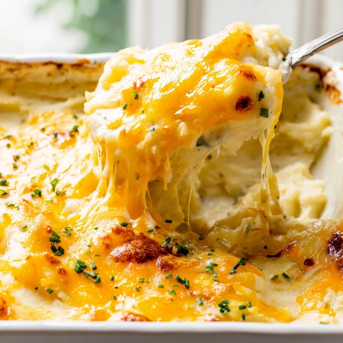Cheesy Onion Mashed Potato Casserole with golden bubbling cheddar in a rustic baking dish