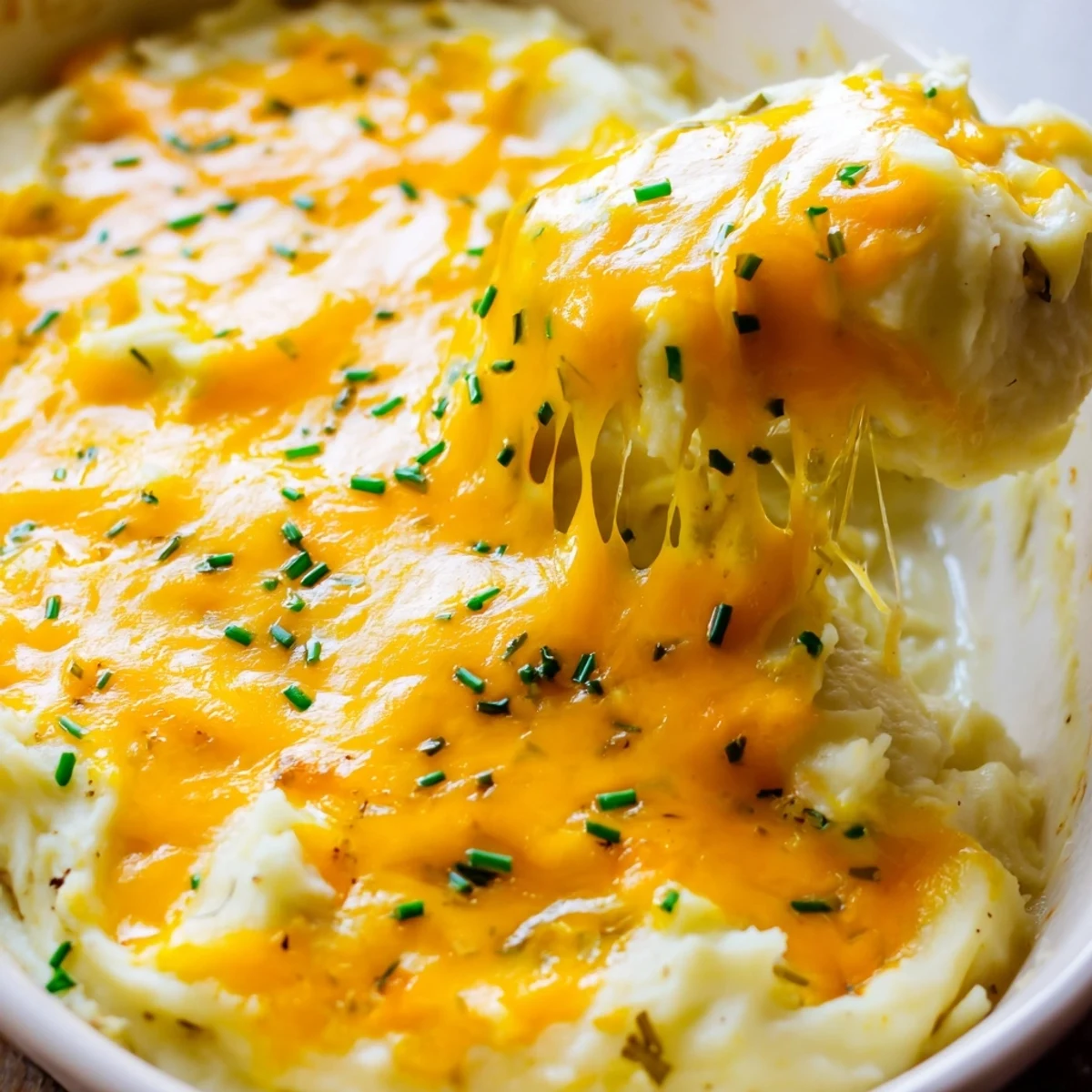 Steaming scoop of Cheesy Onion Mashed Potato Casserole garnished with fresh green chives
