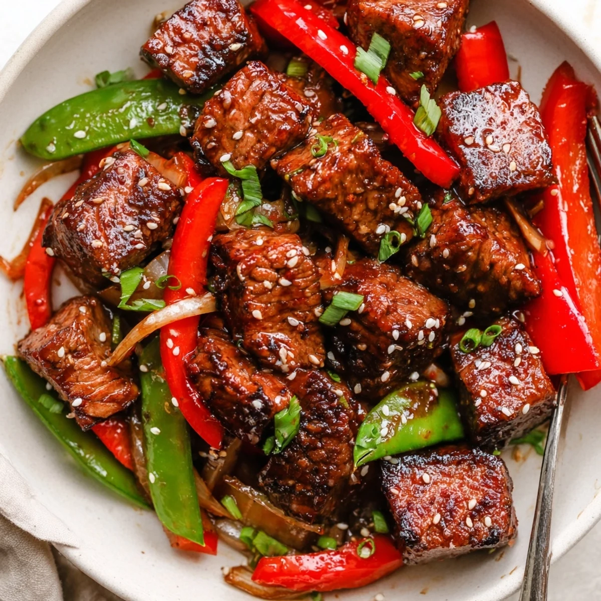 Tender Asian inspired cube steak glazed in soy ginger sauce with crisp colorful vegetables