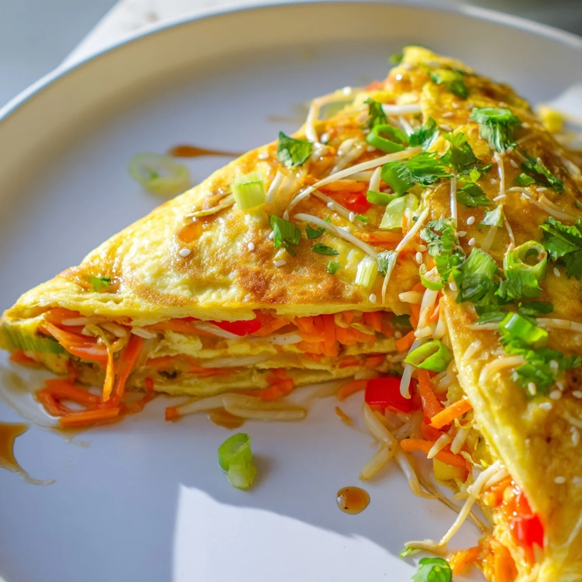 Golden Chinese omelette folded over crisp vegetables and fresh scallions on a white plate