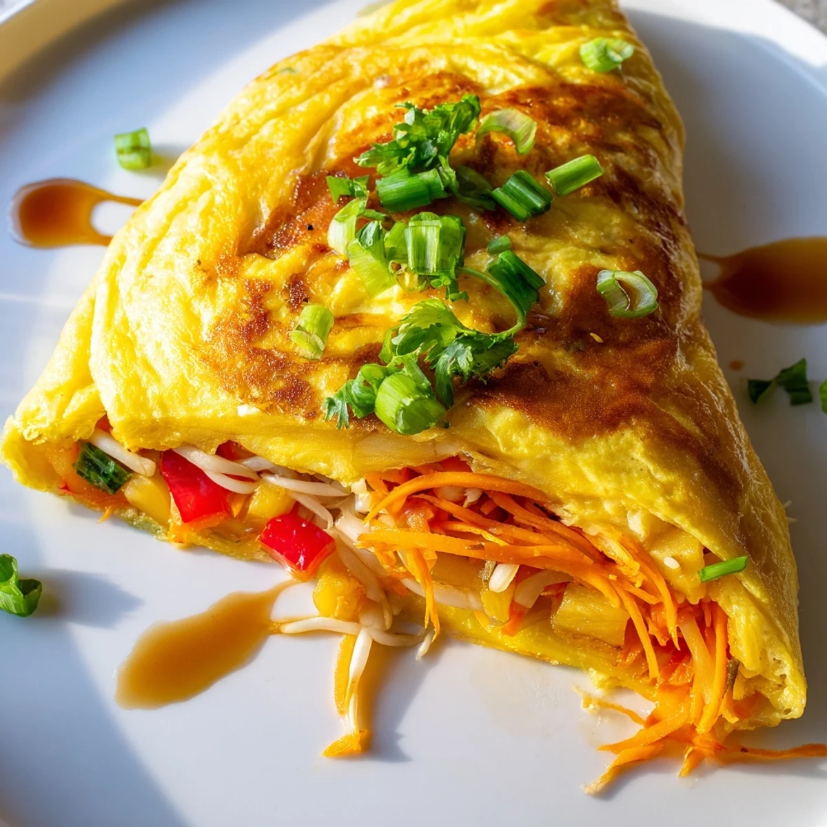 Fluffy Chinese omelette with colorful bell peppers and bean sprouts drizzled with soy sauce