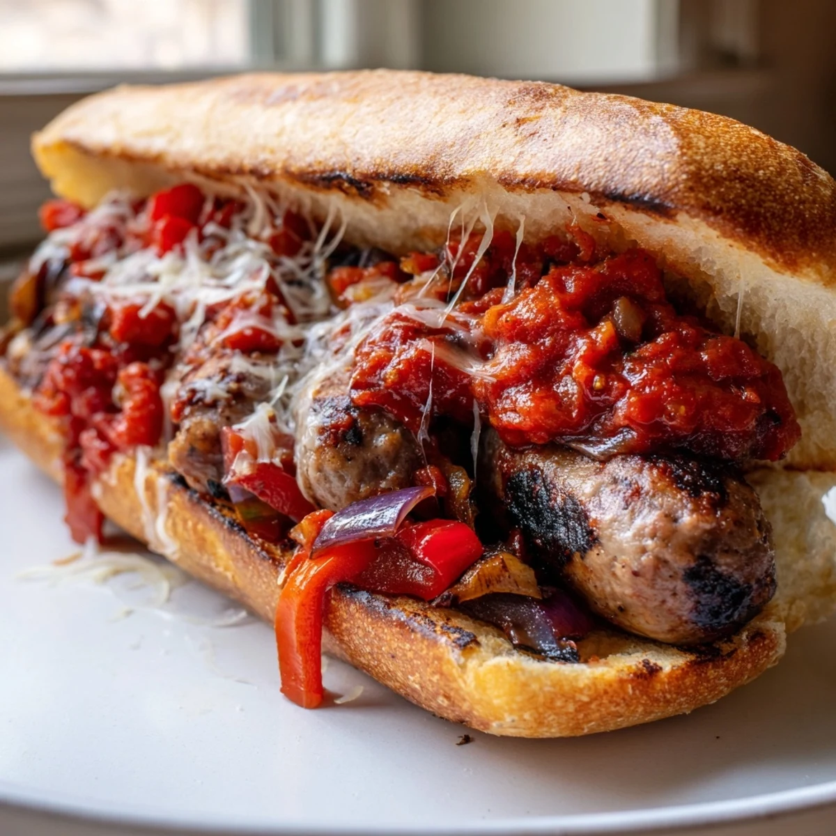 Smoky grilled sausage grinders with charred tomato sauce on toasted crusty rolls