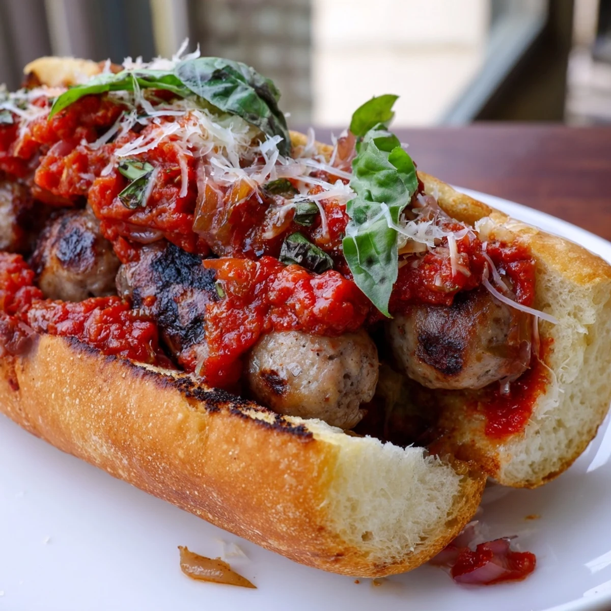 Juicy grilled sausage grinders topped with melted mozzarella and smoky tomato sauce