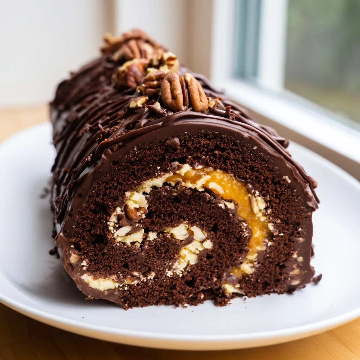 Gooey Chocolate Caramel Turtle Cake Roll sliced open revealing rich caramel and pecans