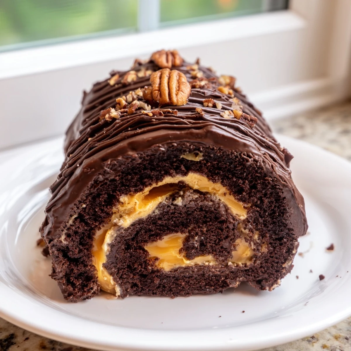 Gooey Chocolate Caramel Turtle Cake Roll draped in glossy ganache with toasted pecan garnish