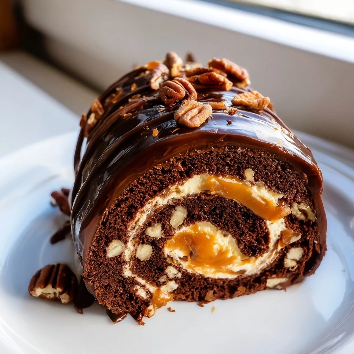 Gooey Chocolate Caramel Turtle Cake Roll on a platter dripping with warm caramel sauce