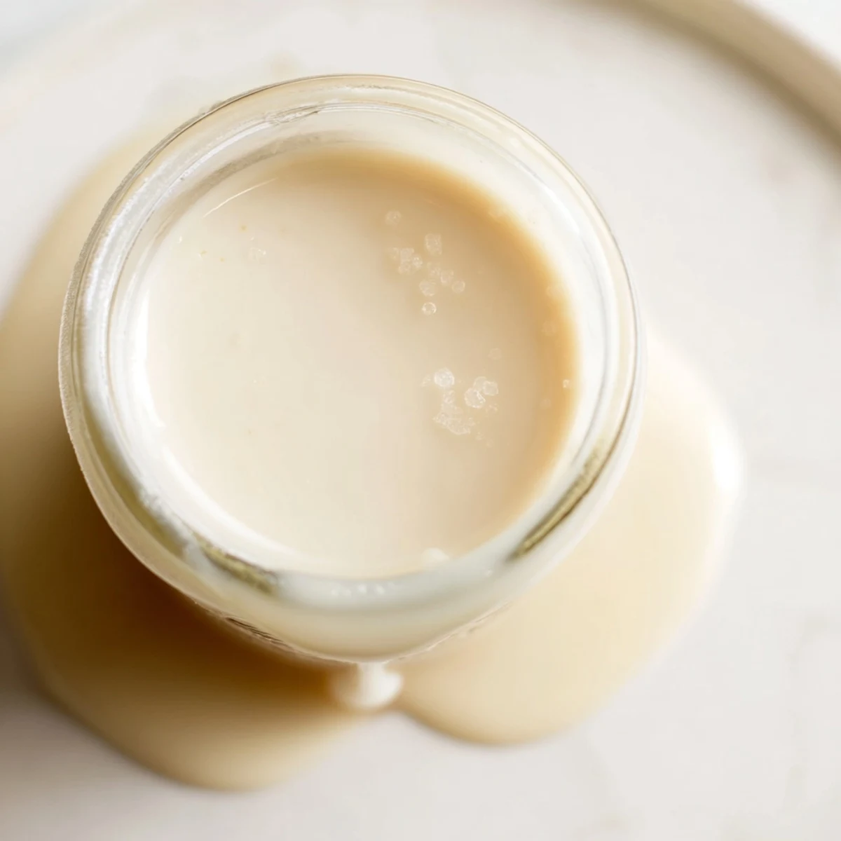 Thick golden condensed coconut milk drizzling slowly from a spoon over dessert