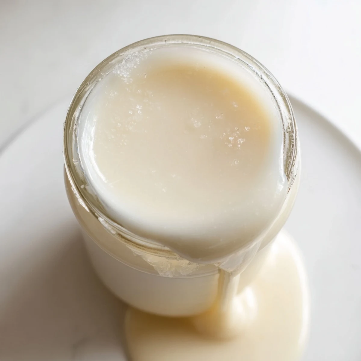 Creamy condensed coconut milk in a glass jar with vanilla bean specks