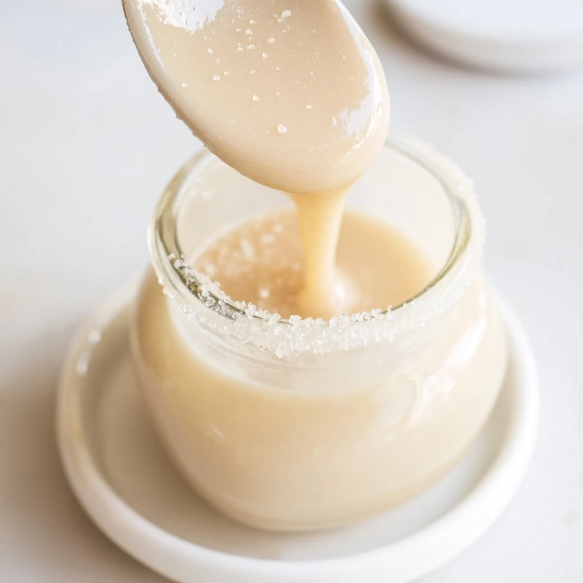 Rich condensed coconut milk pooled in a saucepan with a wooden whisk