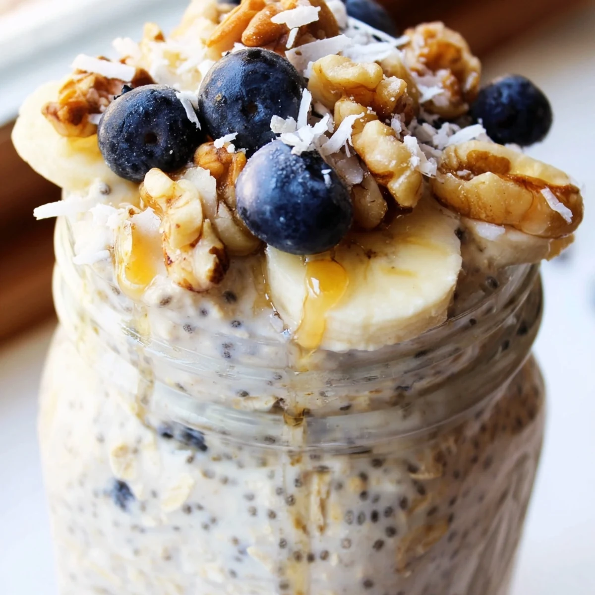 Thick creamy protein overnight oats topped with fresh berries in a glass jar