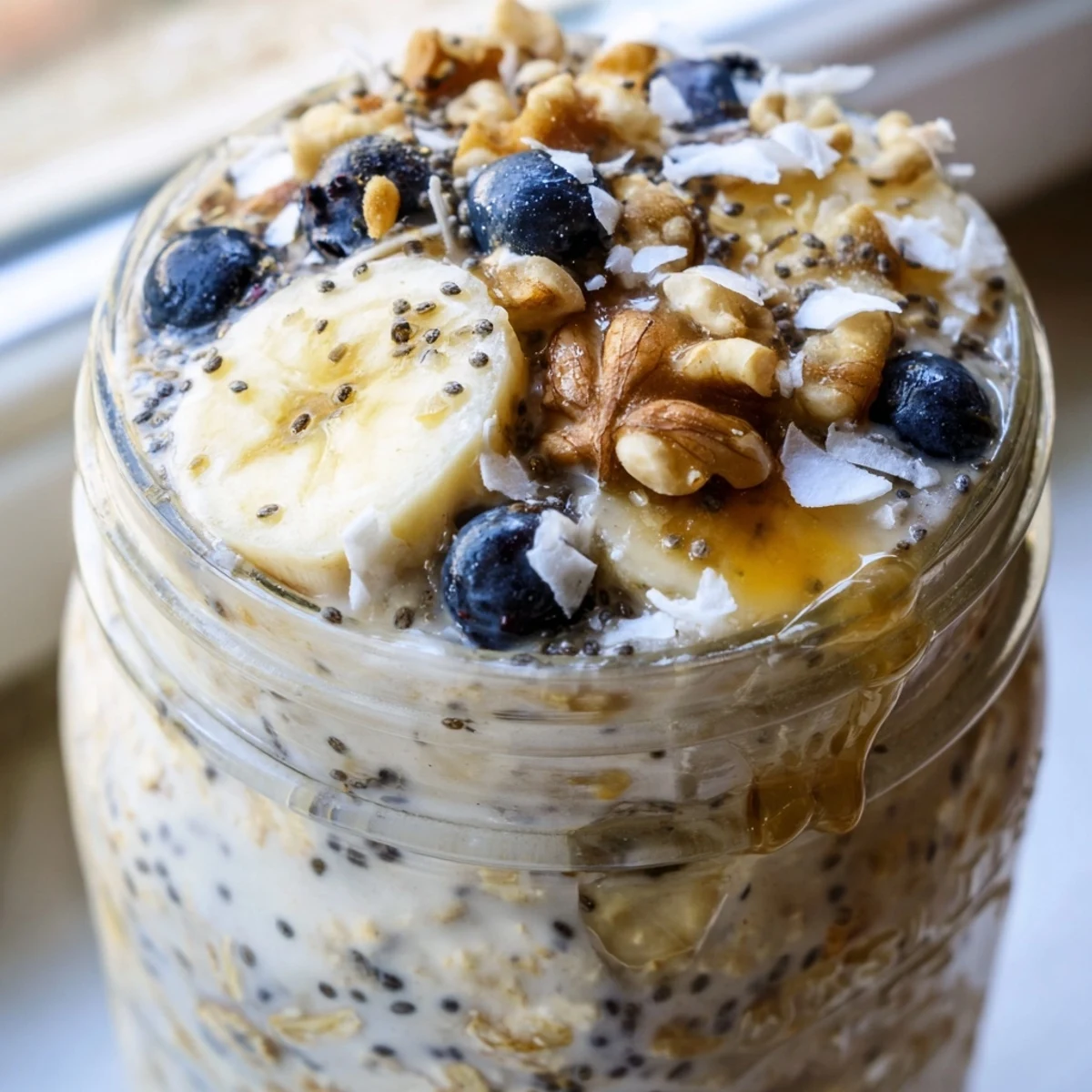 Protein overnight oats layered with sliced banana and a drizzle of nut butter