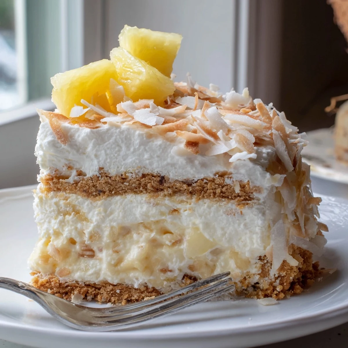 Creamy no bake pineapple coconut cream cake sliced on a rustic white plate with toasted coconut topping