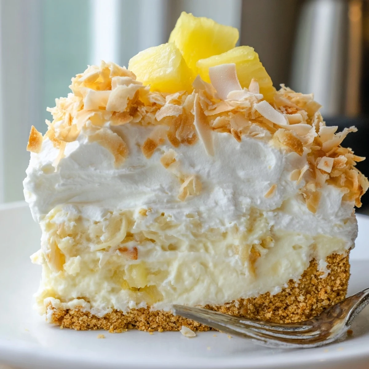 Golden graham cracker crust anchors this fluffy no bake pineapple coconut cream cake topped with tropical garnishes