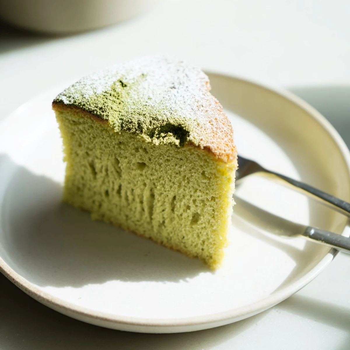 A slice of fluffy matcha cake recipe dusted with green tea powder on a white plate.