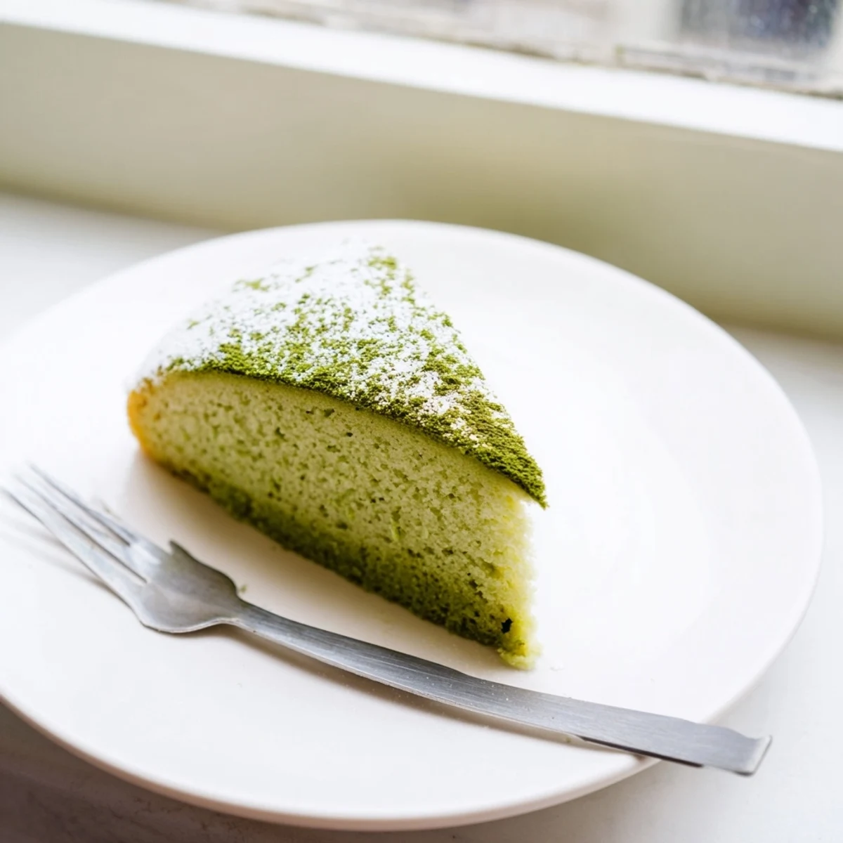 Two thick slices of this matcha cake recipe served with fresh berries for a refreshing dessert.