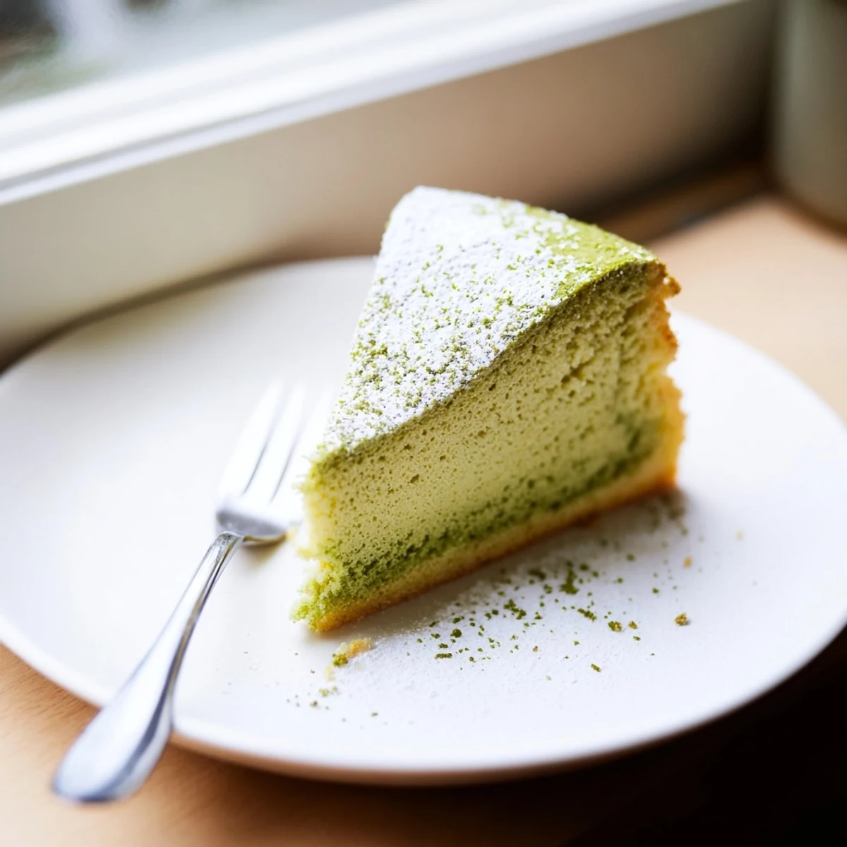 A homemade matcha cake recipe baked in a round pan featuring a vibrant green tea crumb.