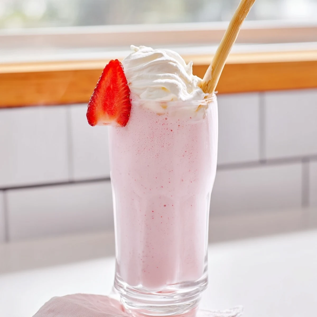 Thick strawberry milkshake topped with whipped cream and fresh strawberry slices in a tall glass