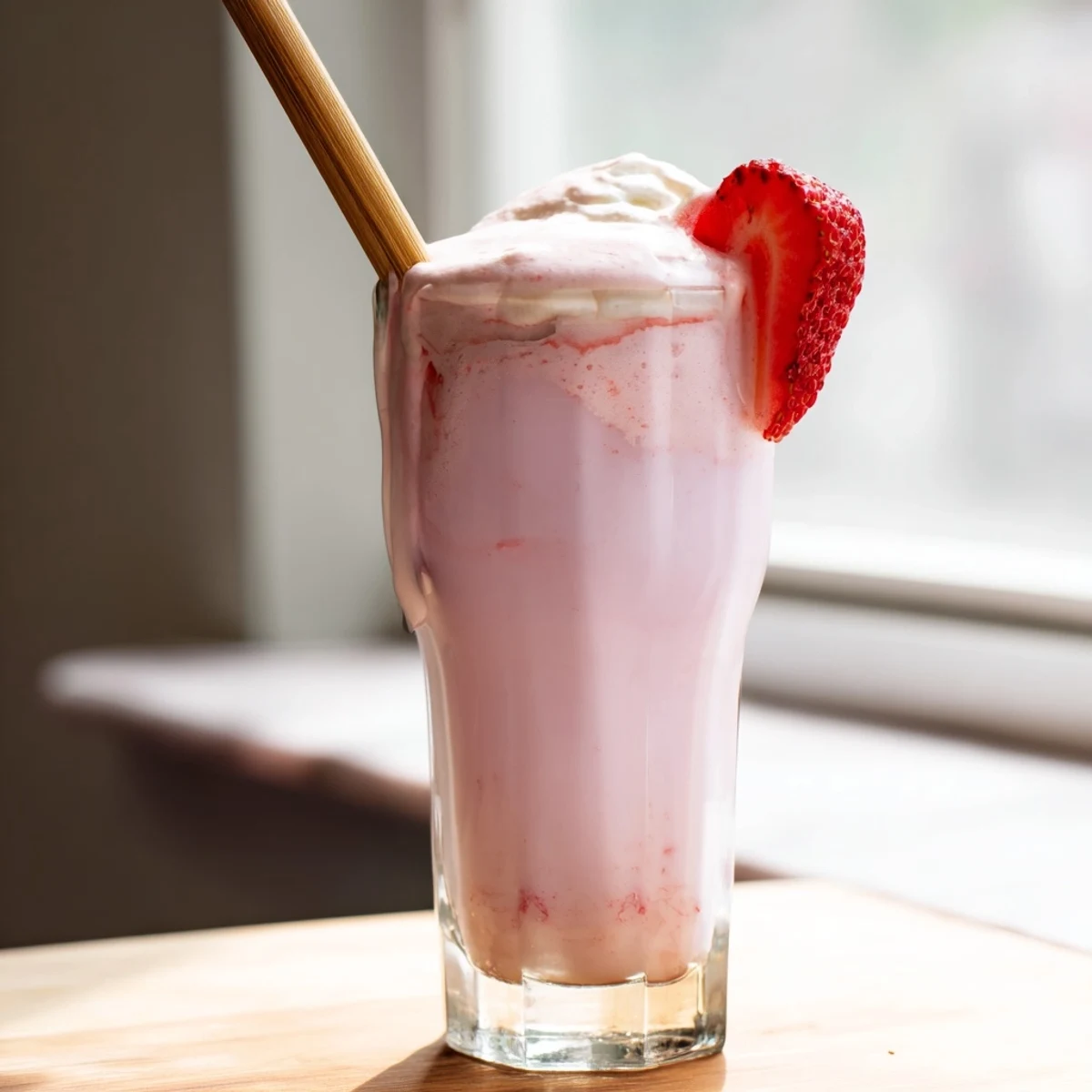 Creamy homemade strawberry milkshake with pink color and garnishes ready for a refreshing summer treat