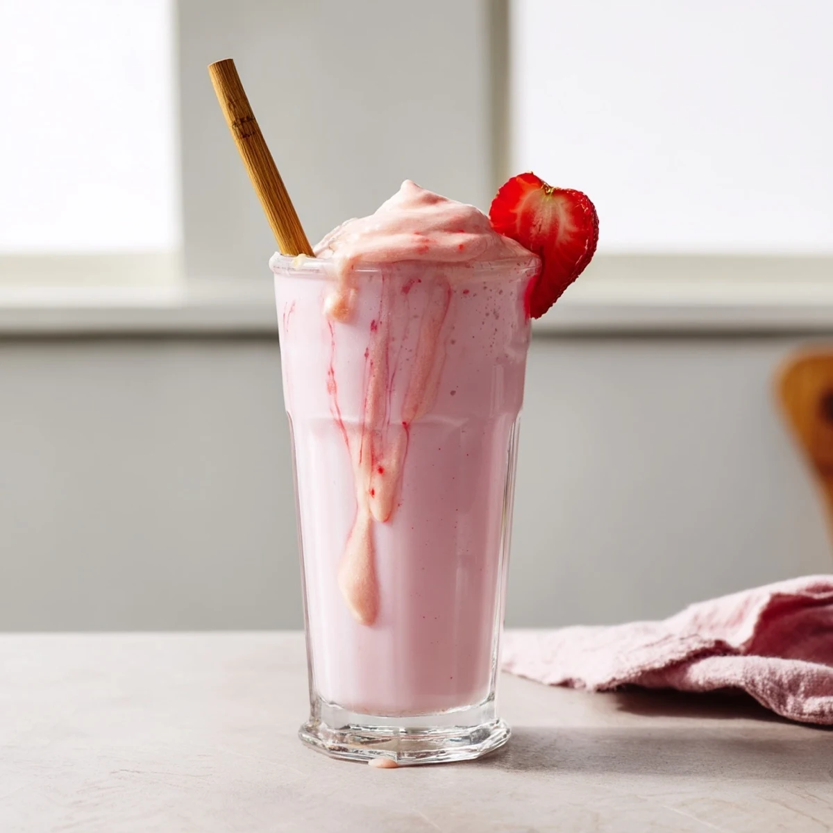 Glass of sweet strawberry milkshake blended with vanilla ice cream and topped with sprinkles