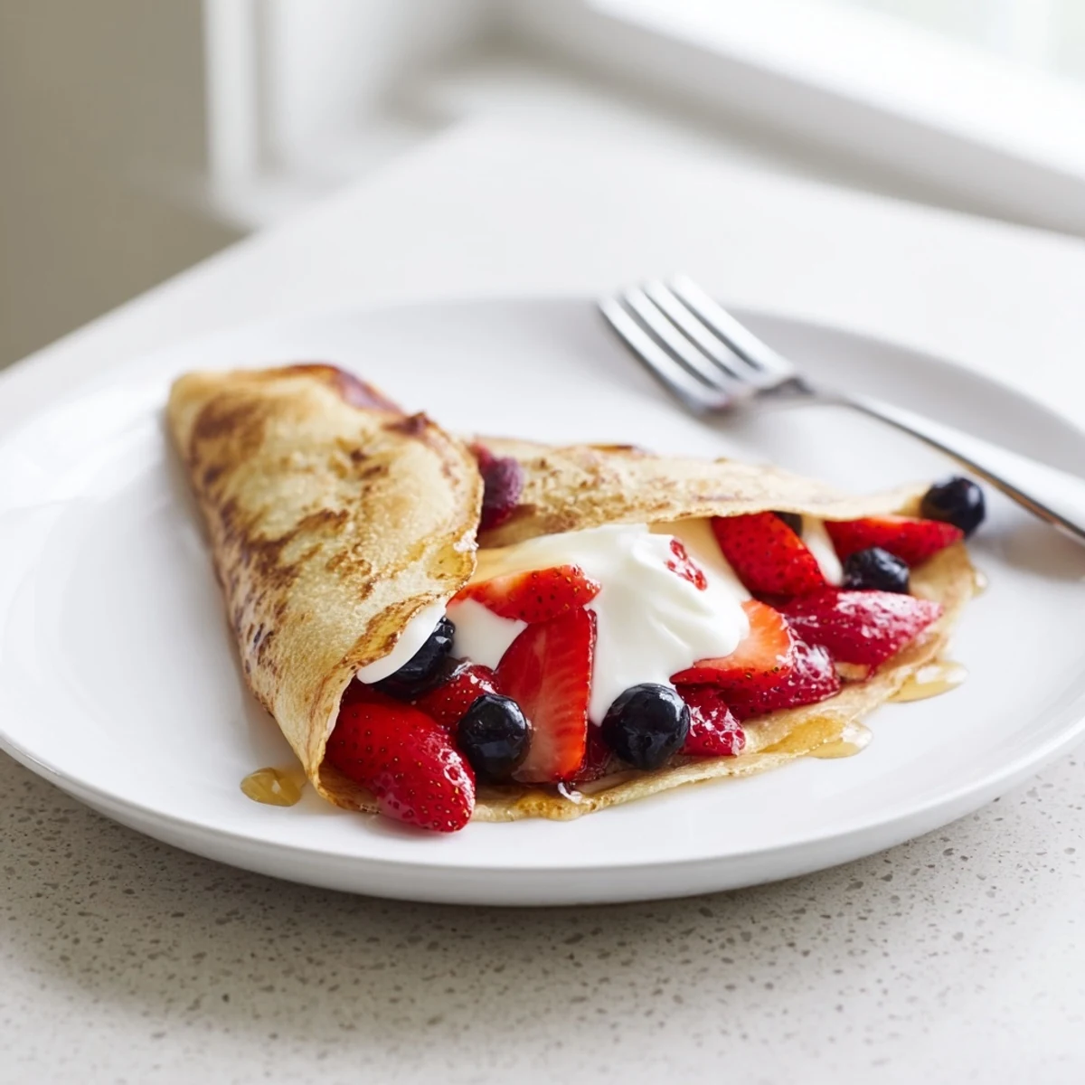 Golden pancake tacos filled with fresh berries and maple syrup for breakfast