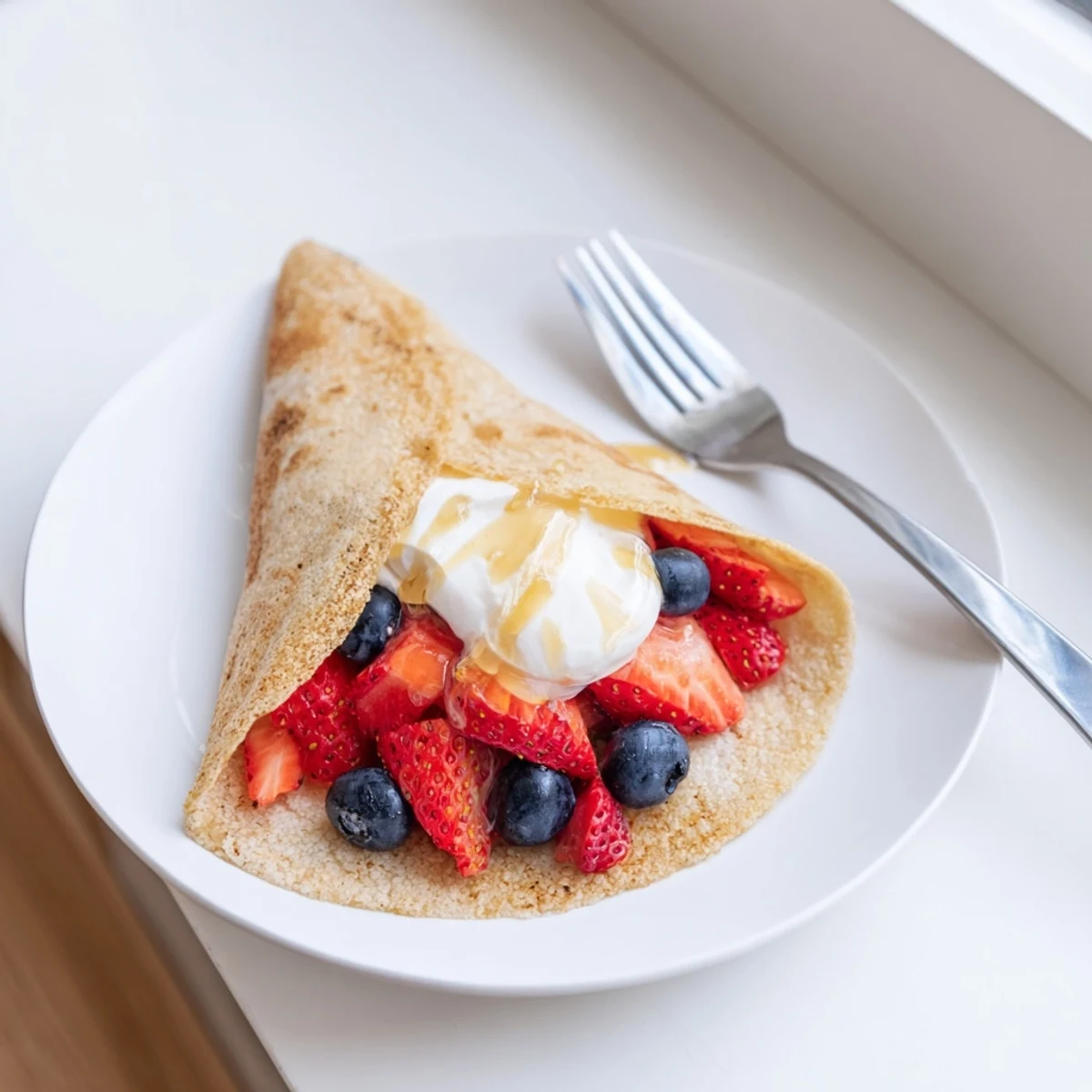 Stack of warm pancake tacos topped with yogurt fruit and chocolate chips