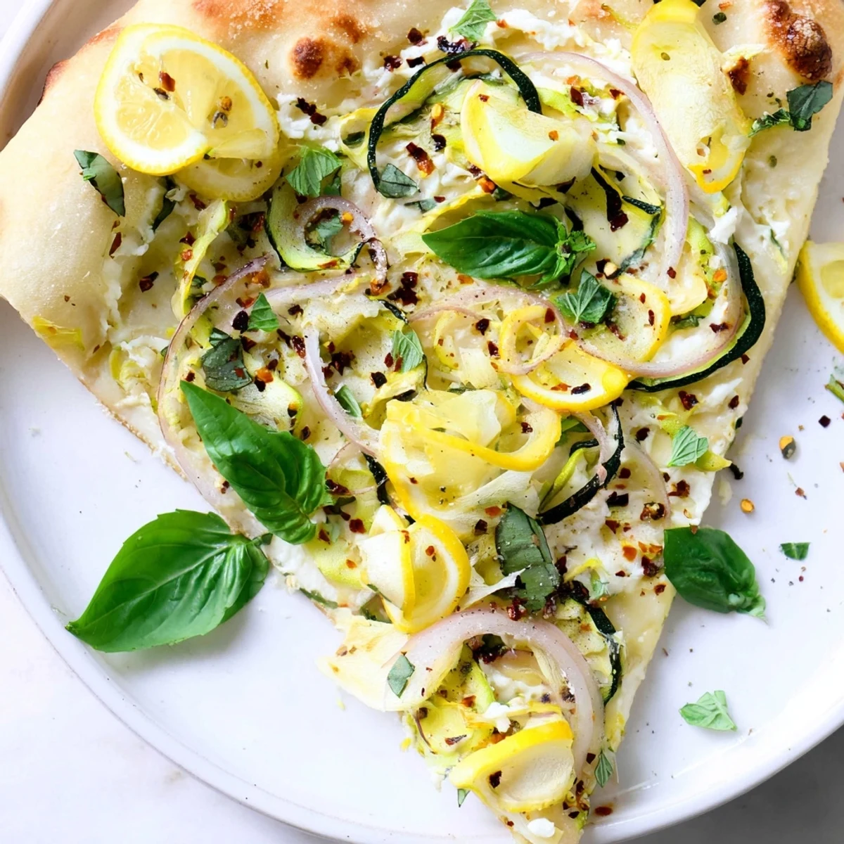 Golden brown zesty summer lemon pizza topped with fresh basil and zucchini ribbons.