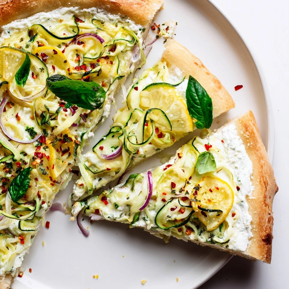 Slice of summer lemon pizza garnished with chili flakes and fresh herbs.