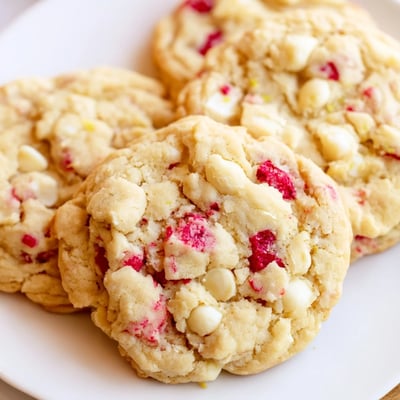 Soft chewy lemon raspberry cookies topped with melting white chocolate chips