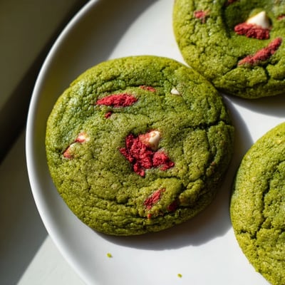 Warm strawberry matcha cookies cooling on a wire rack, golden edges dotted with white chocolate chips