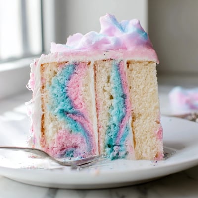 Cotton candy cake layered with creamy swirled frosting topped with spun sugar