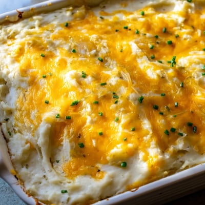 Creamy spoonful of Cheesy Onion Mashed Potato Casserole topped with caramelized onion strands