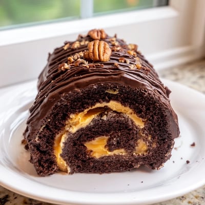 Gooey Chocolate Caramel Turtle Cake Roll draped in glossy ganache with toasted pecan garnish