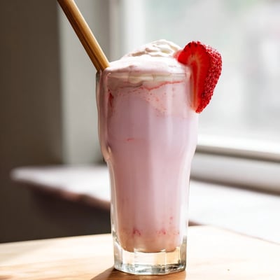 Creamy homemade strawberry milkshake with pink color and garnishes ready for a refreshing summer treat